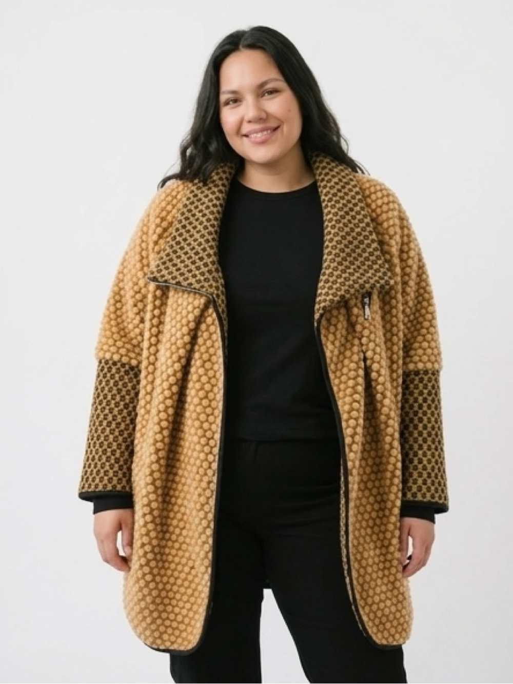 Womens Honeycomb Boho Teddy Coat in Camel